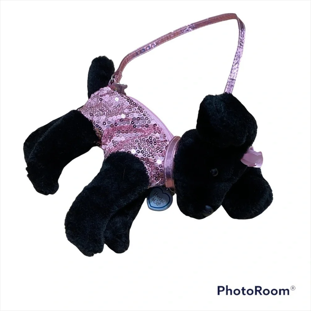 Black Dog Purse Pink Sequin Kids Toy Plush Stuffed Animal
